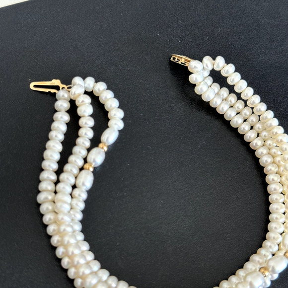 14K Yellow Gold Genuine Real Cream Pearl Triple Strand Bracelet - Picture 8 of 12